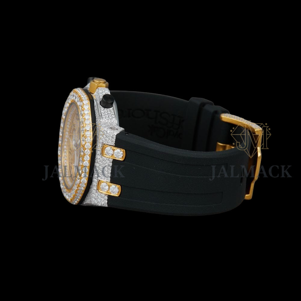 Gold Dial Arabic Numeral Round-Cut Moissanite Chronograph Watch