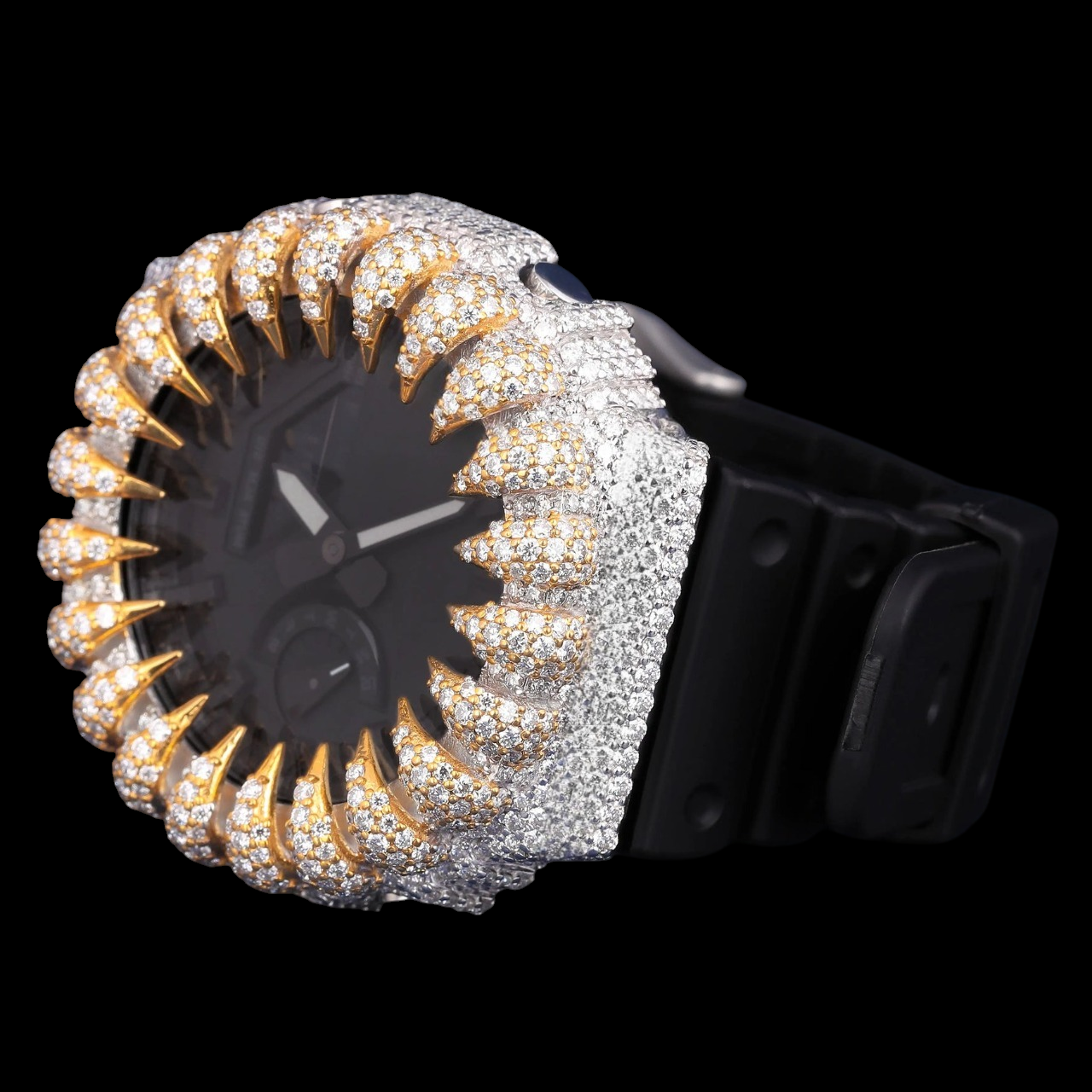 Black Dial Gold Spike Crown Case G-Shock Moissanite Watch
