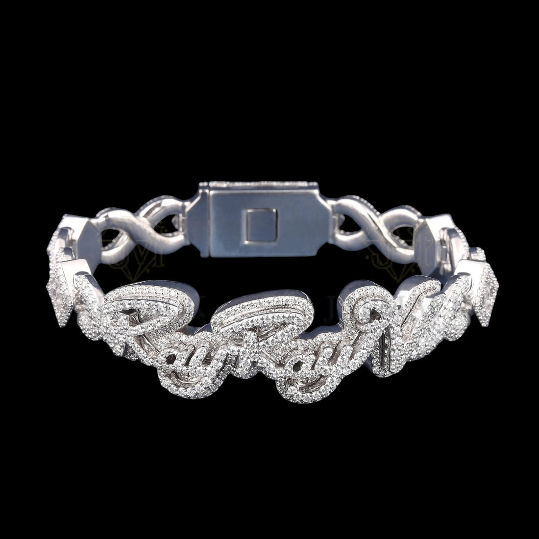 Silver Iced-Out Script Moissanite Link Bracelet VVS1