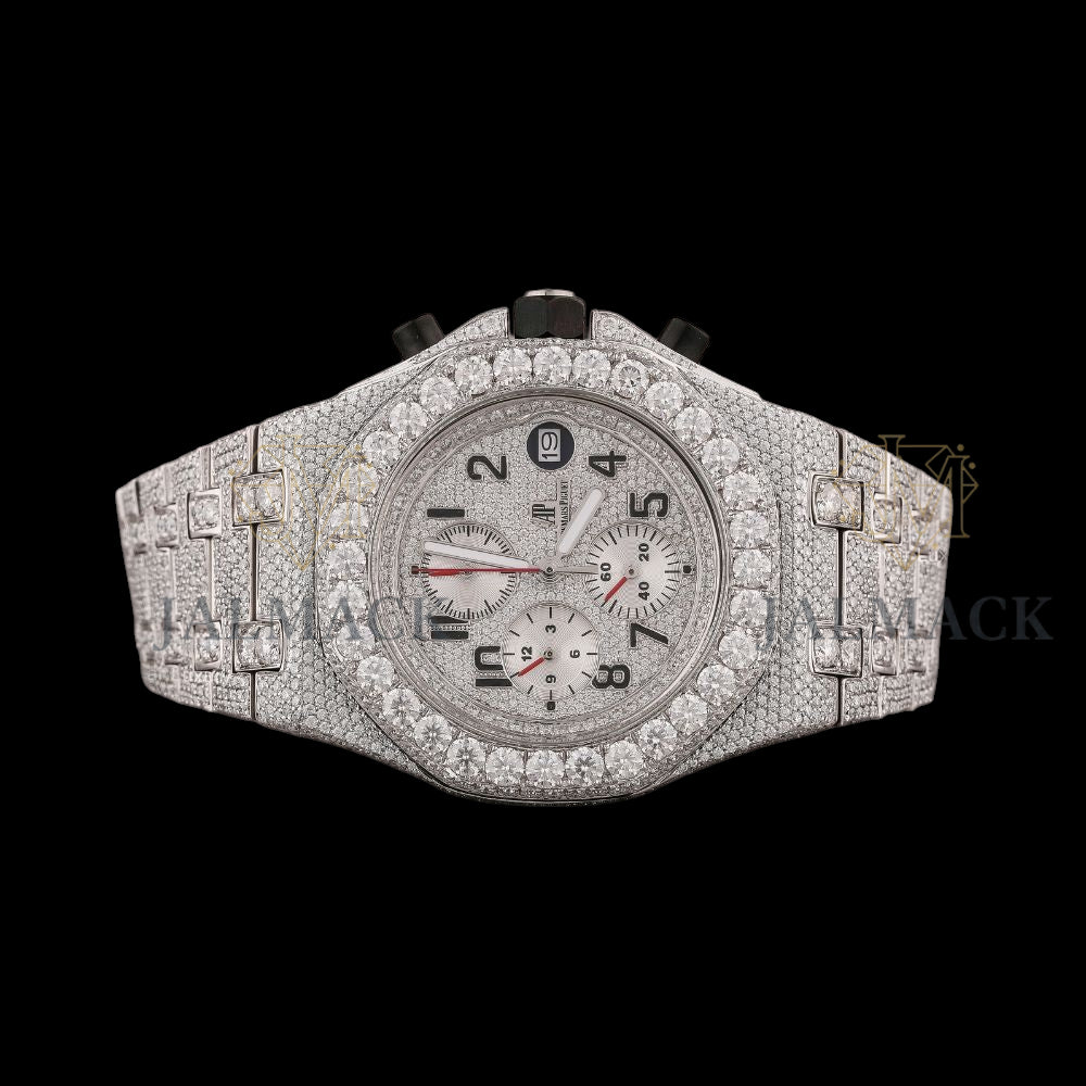 Silver Dial Arabic Numeral Round-Cut Moissanite Chronograph Watch