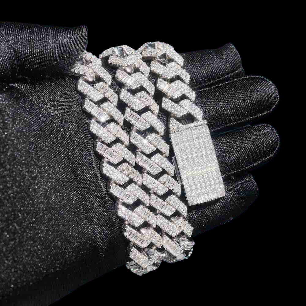 15MM Baguette Pave Cuban Link VVS1 Moissanite Chain 925 Sterling Silver