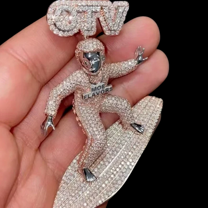 925 Sterling Silver Custom Cartoon Surfer Character VVS Moissanite Pendant Hip Hop Jewelry