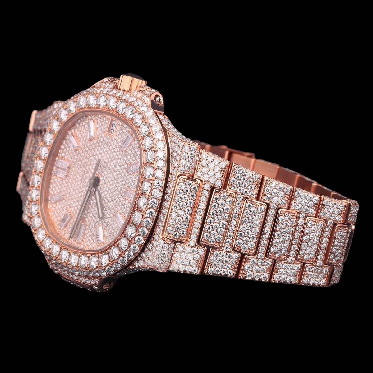 Luxury Rose Gold Baguette Moissanite Automatic Date Watch VVS1 D Color