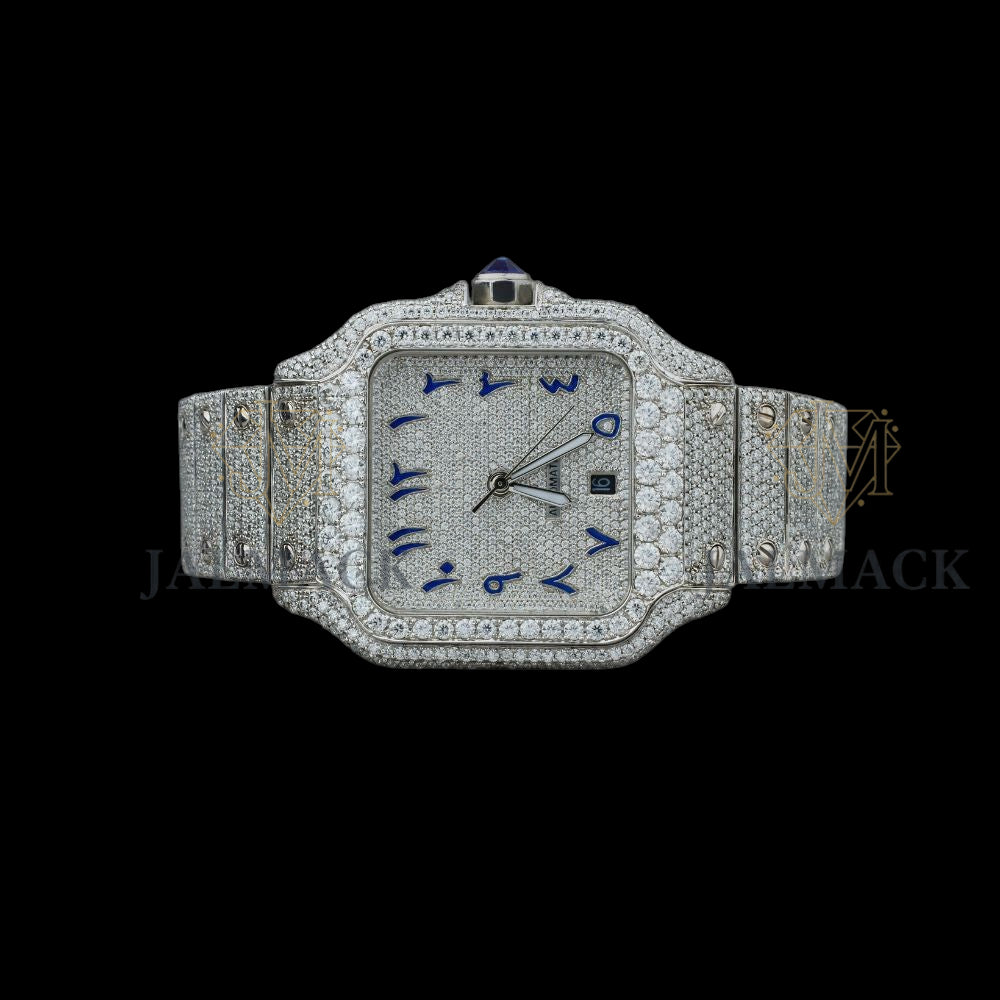 Silver Dial Blue Arabic Round-Cut Moissanite Watch