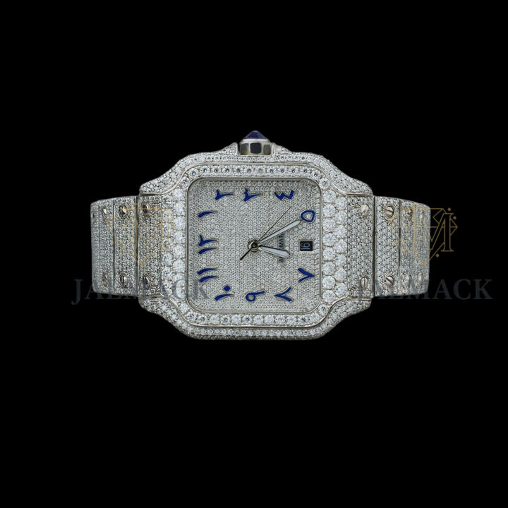 Silver Dial Blue Arabic Round-Cut Moissanite Watch