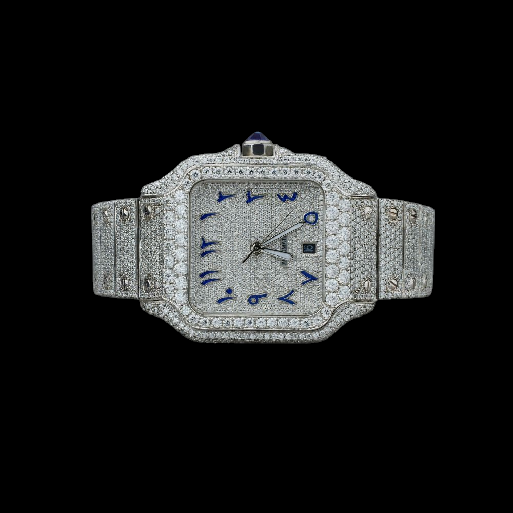 Silver Dial Blue Arabic Round-Cut Moissanite Watch