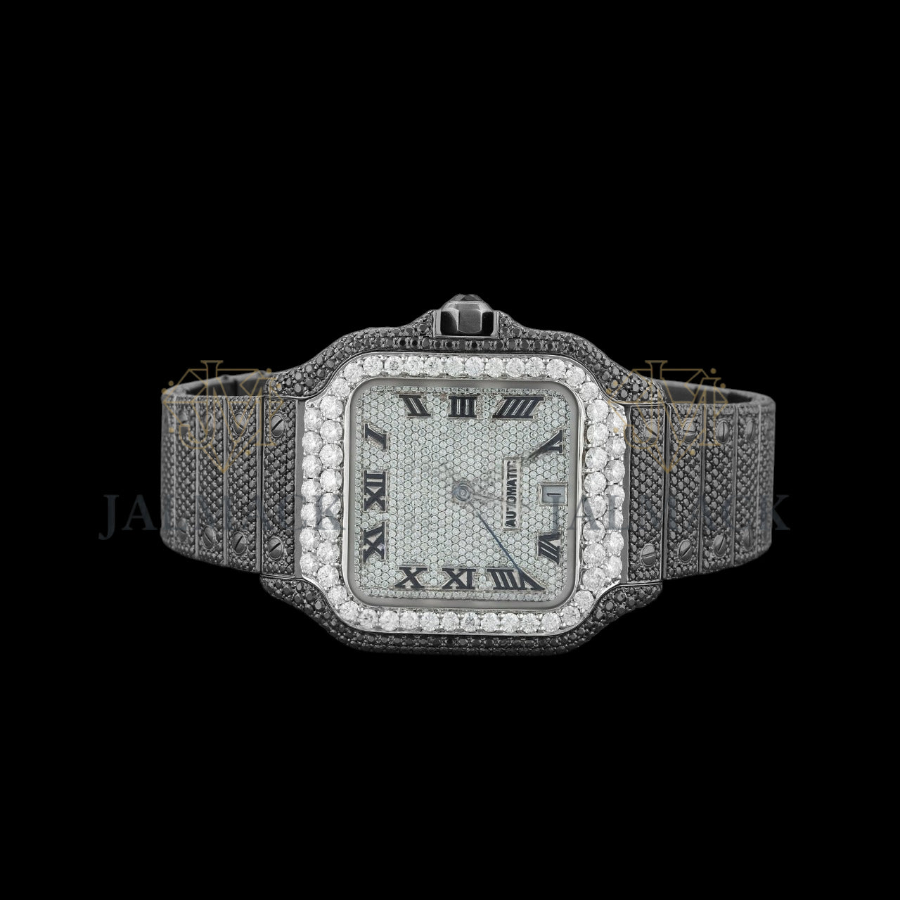 Silver Dial Roman Letter Round-Cut Black Moissanite Watch