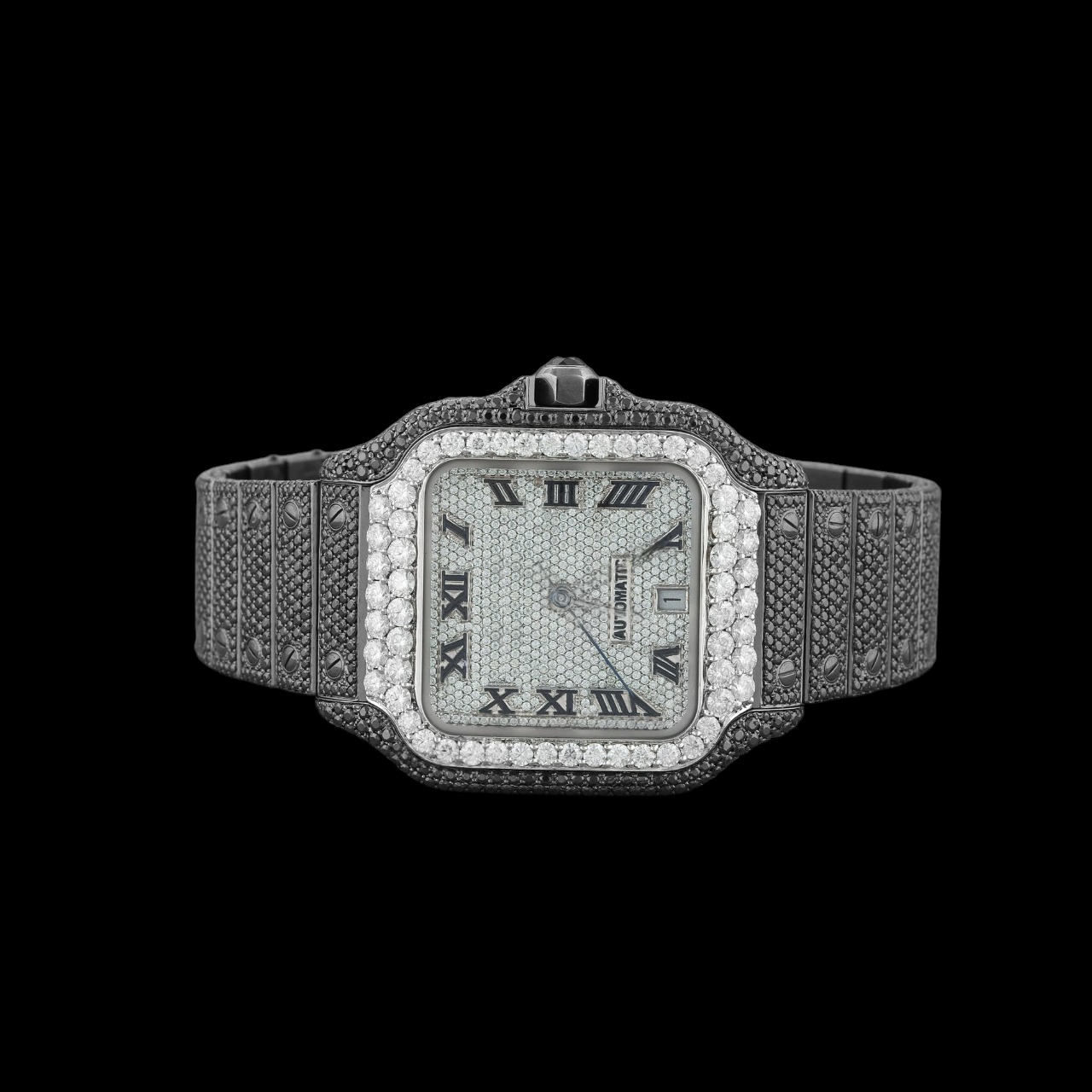 Silver Dial Roman Letter Round-Cut Black Moissanite Watch