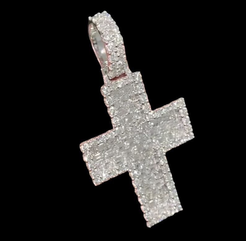 Baguette & Round Diamond Cross Iced Out 925 Sterling Silver Pendant, Hip Hop Diamond Pendant Jewelry Gift for Her