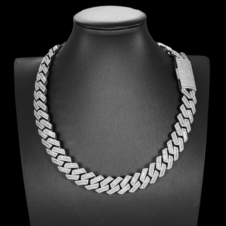 16MM Baguette Pave Cuban Link VVS1 D Color Moissanite Chain 925 Sterling Silver