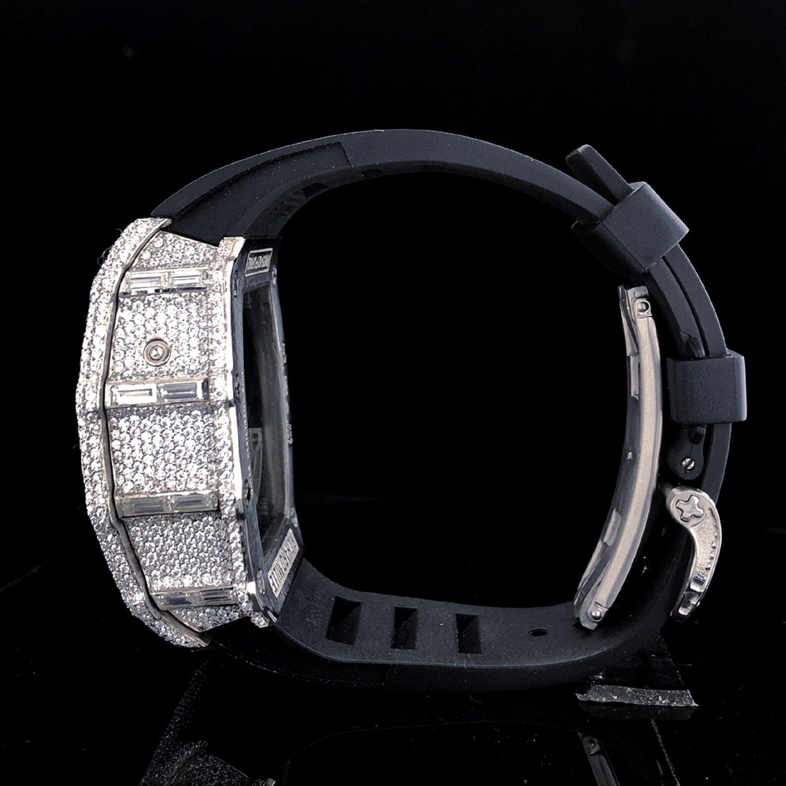 Luxury Fully Iced Out Skeleton Chronograph Moissanite Watch Black Rubber Strap