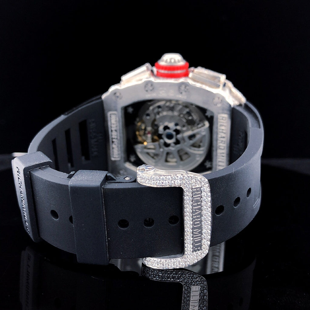 Luxury Fully Iced Out Skeleton Chronograph Moissanite Watch Black Rubber Strap