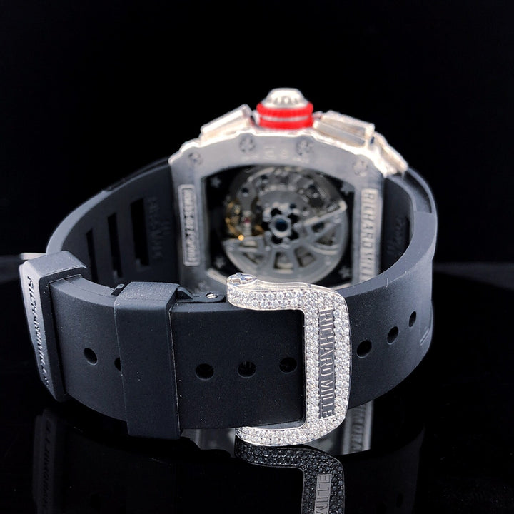 Luxury Fully Iced Out Skeleton Chronograph Moissanite Watch Black Rubber Strap