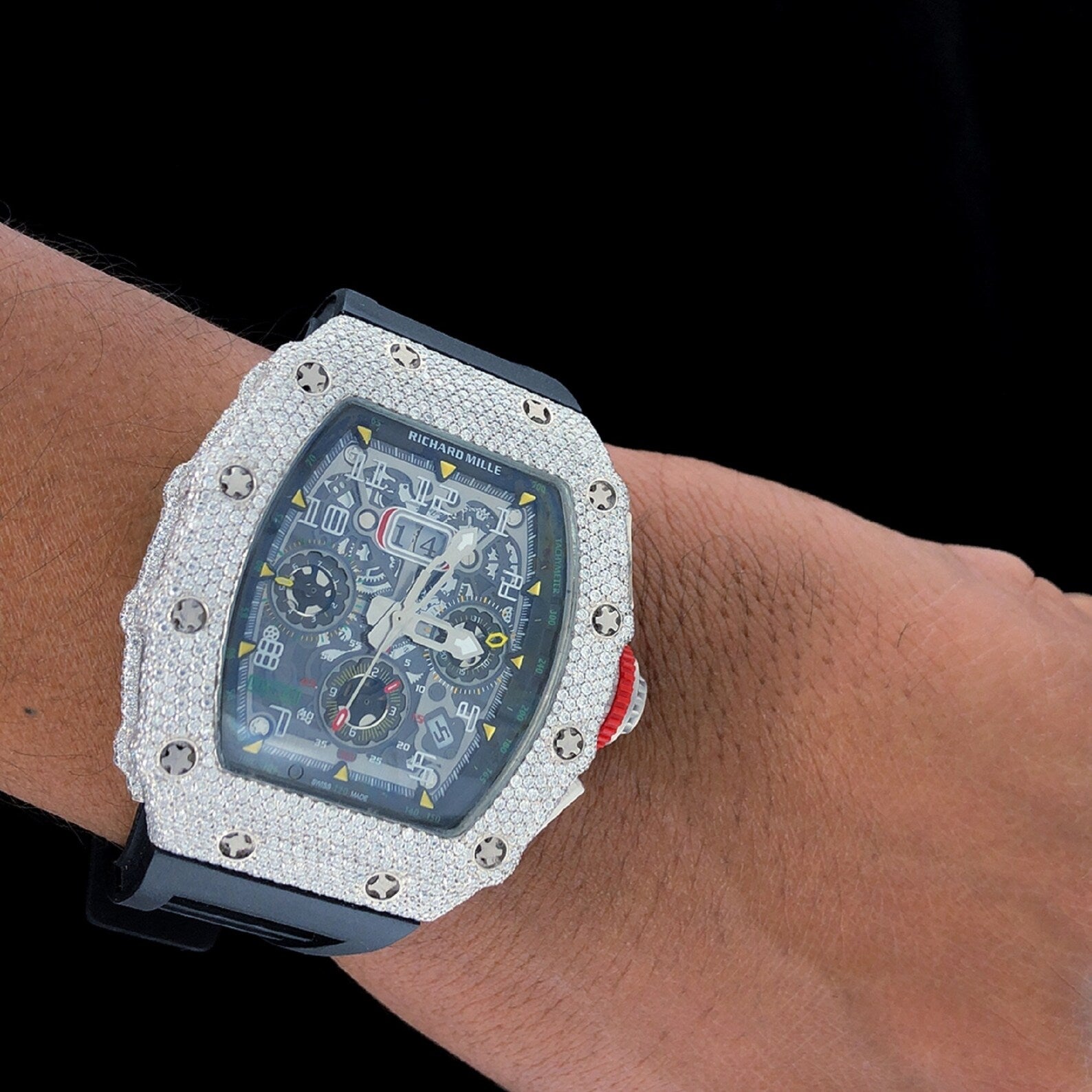 Luxury Fully Iced Out Skeleton Chronograph Moissanite Watch Black Rubber Strap