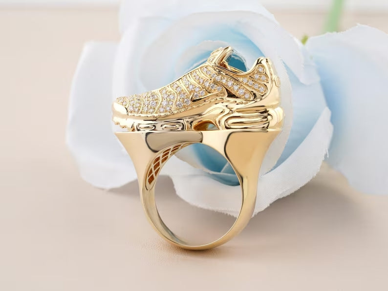 VVS1 Moissanite Hip Hop Shoes Ring - 10k Yellow Gold Plated Luxury Ring, 925 Sterling Silver Men Ring, Birthday Gift for Him