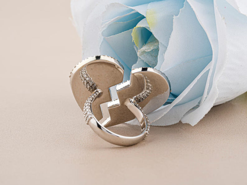 Luxury Moissanite Diamond Heart Hip hop Ring - Broken Heart 925 Sterling Silver Ring for valentine's day