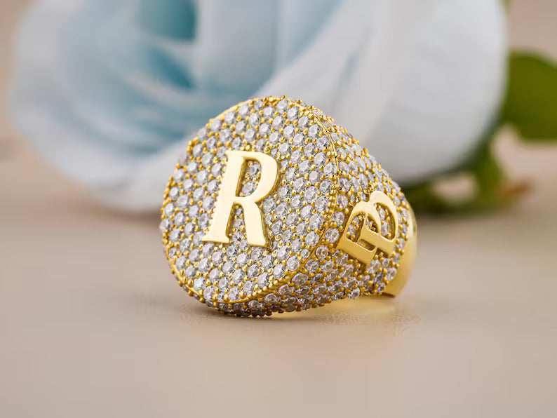 Personalized Yellow Gold Plated Moissanite Diamond - 925 Sterling Silver Hip Hop Custom Name Ring for Rapper