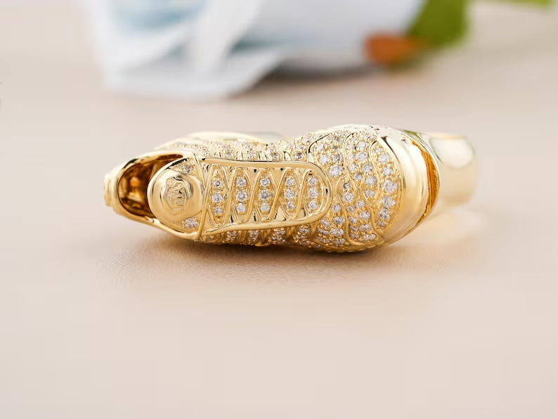 VVS1 Moissanite Hip Hop Shoes Ring - 10k Yellow Gold Plated Luxury Ring, 925 Sterling Silver Men Ring, Birthday Gift for Him