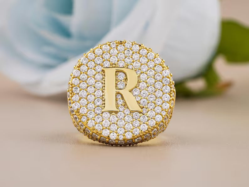 Personalized Yellow Gold Plated Moissanite Diamond - 925 Sterling Silver Hip Hop Custom Name Ring for Rapper