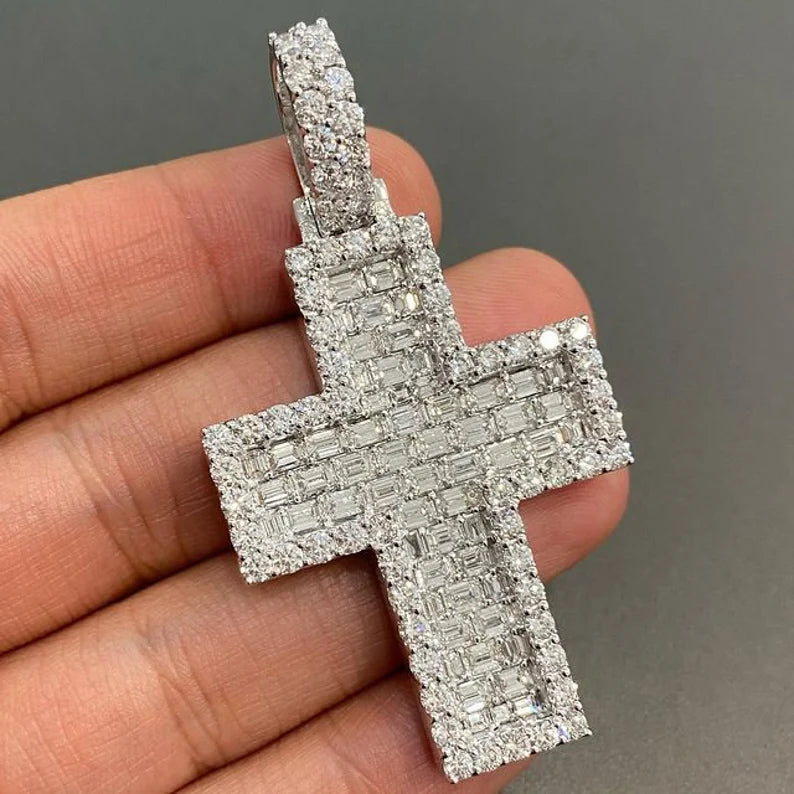 Baguette & Round Diamond Cross Iced Out 925 Sterling Silver Pendant, Hip Hop Diamond Pendant Jewelry Gift for Her