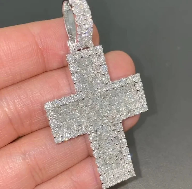 Baguette & Round Diamond Cross Iced Out 925 Sterling Silver Pendant, Hip Hop Diamond Pendant Jewelry Gift for Her
