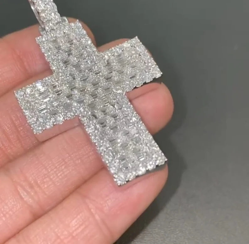 Baguette & Round Diamond Cross Iced Out 925 Sterling Silver Pendant, Hip Hop Diamond Pendant Jewelry Gift for Her
