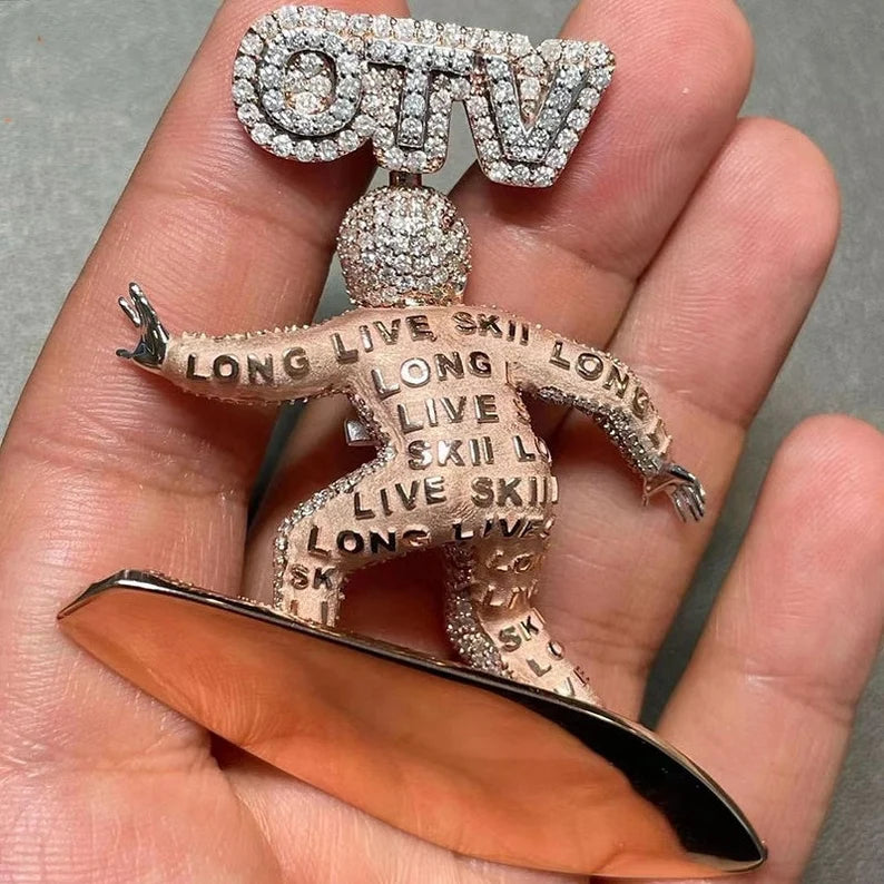925 Sterling Silver Custom Cartoon Surfer Character VVS Moissanite Pendant Hip Hop Jewelry