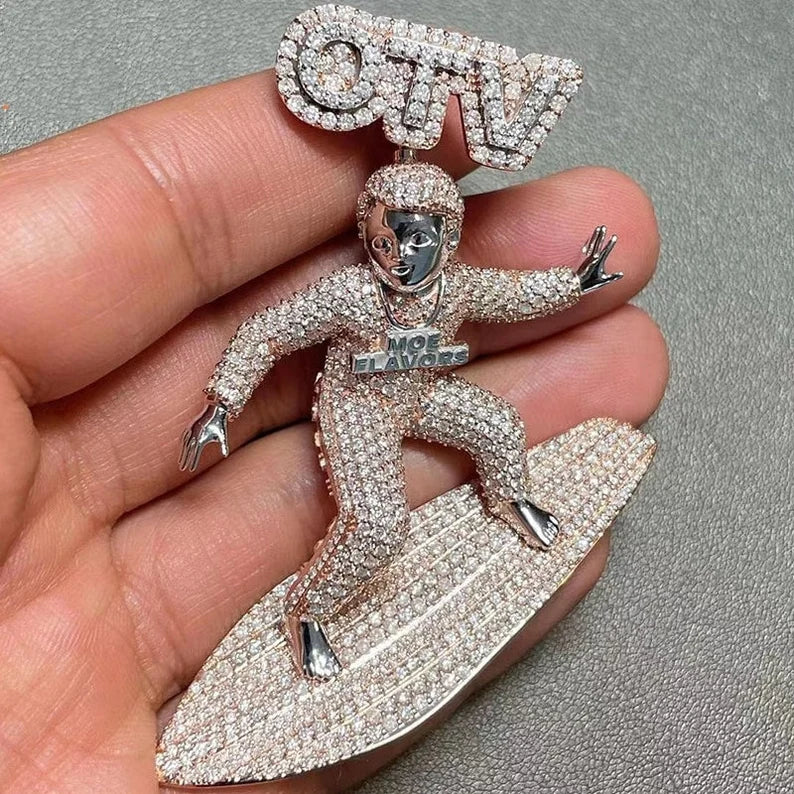 925 Sterling Silver Custom Cartoon Surfer Character VVS Moissanite Pendant Hip Hop Jewelry