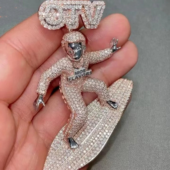 925 Sterling Silver Custom Cartoon Surfer Character VVS Moissanite Pendant Hip Hop Jewelry