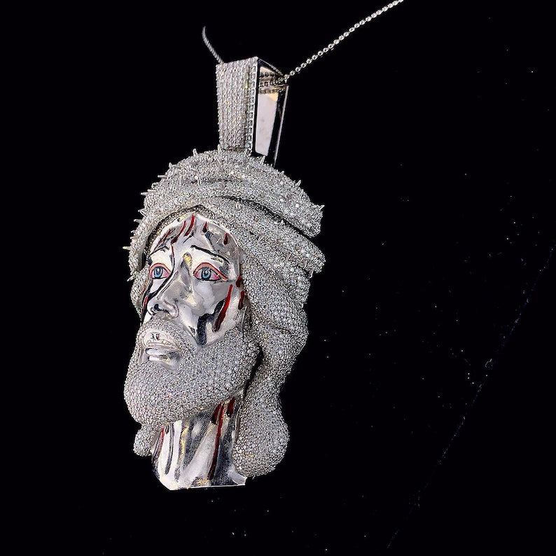 Face Pendant Made in 925 Sterling Silver Studded with VVS Colorless Moissanite Stone