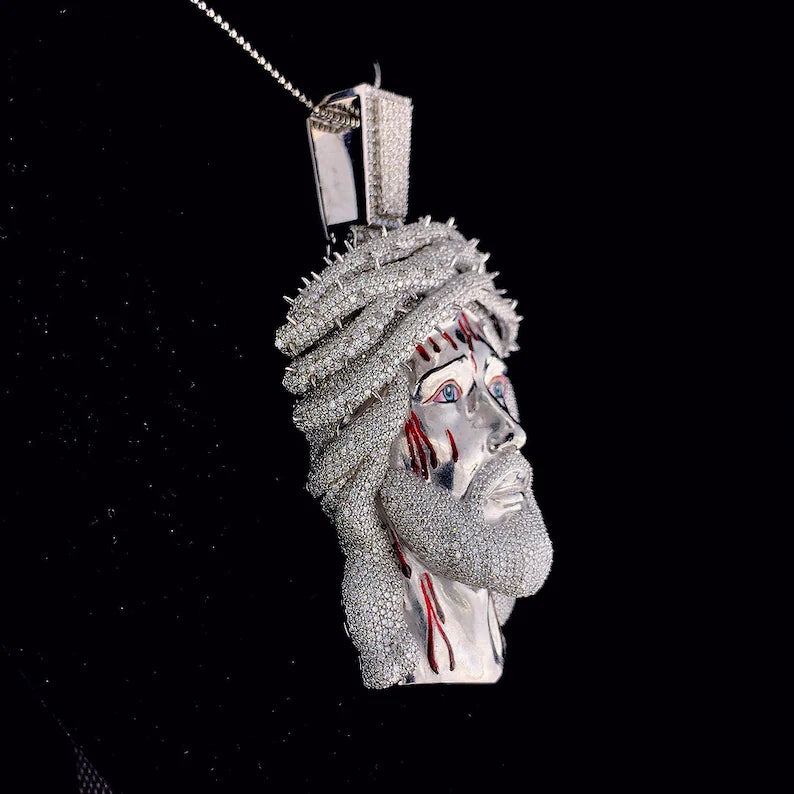 Face Pendant Made in 925 Sterling Silver Studded with VVS Colorless Moissanite Stone