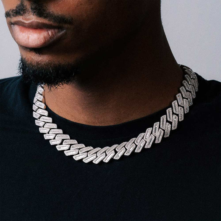 16MM Baguette Pave Cuban Link VVS1 D Color Moissanite Chain 925 Sterling Silver