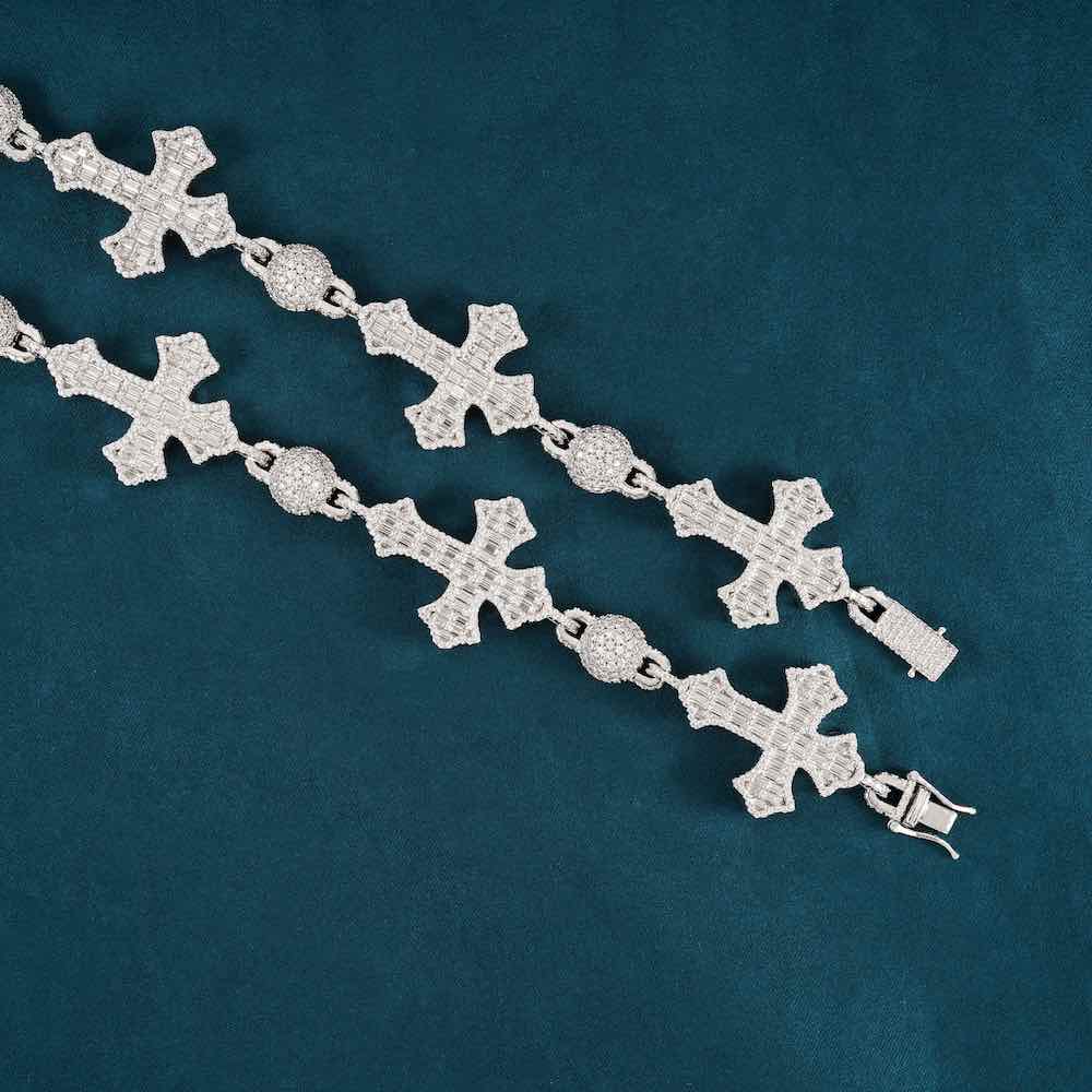 14k Round and Baguette Cross Moissanite Link Chain