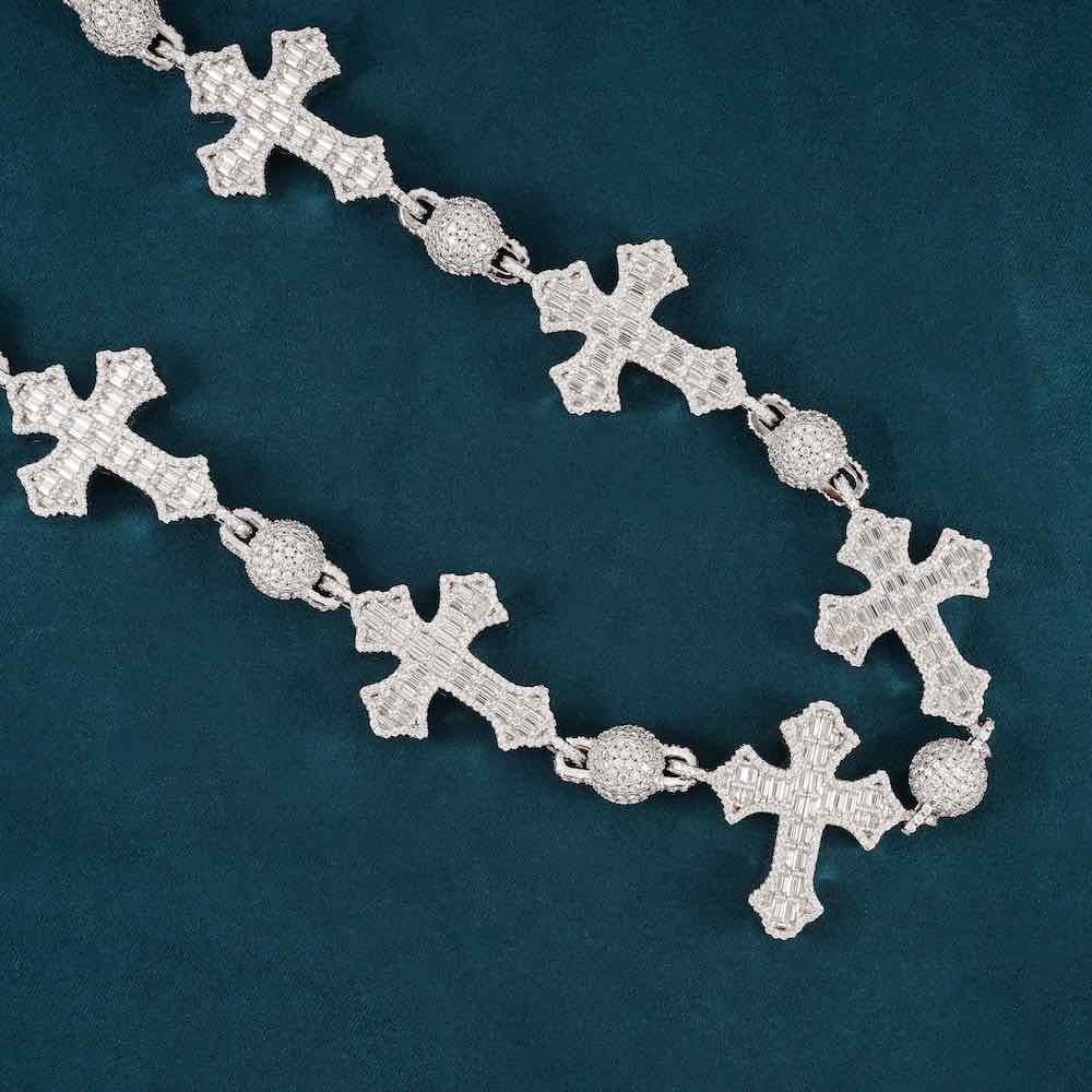 14k Round and Baguette Cross Moissanite Link Chain