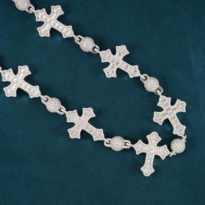 14k Round and Baguette Cross Moissanite Link Chain
