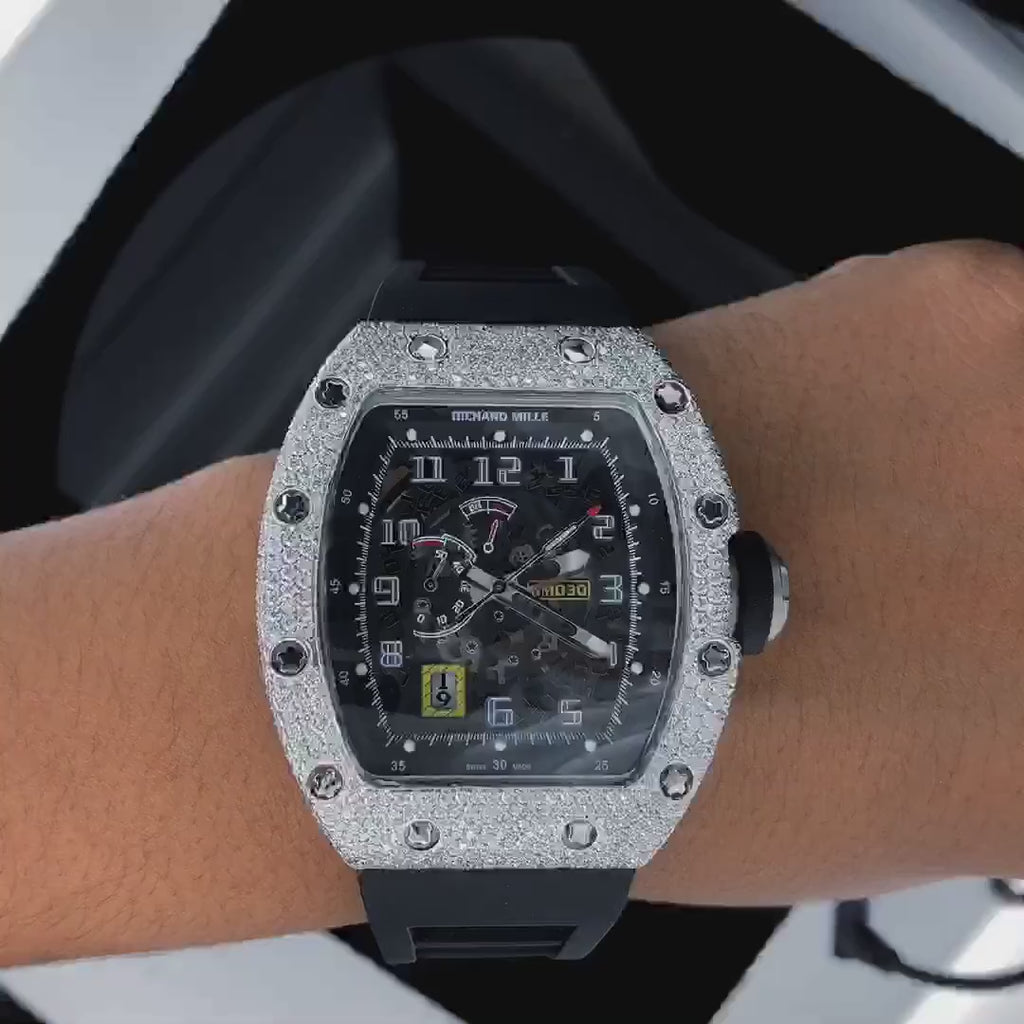 Luxury Fully Iced Out Skeleton Chronograph Moissanite Watch Black Rubber Strap