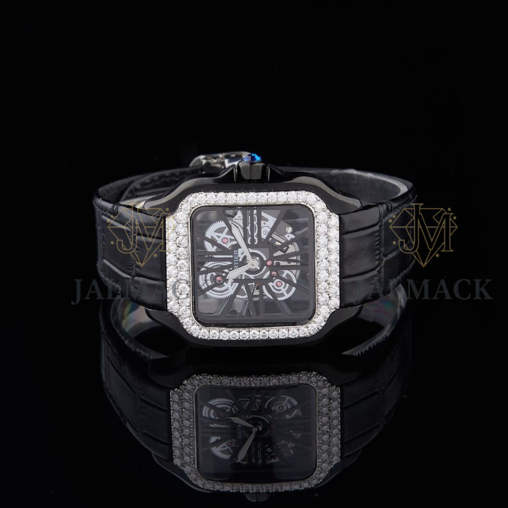 Black Skeleton Dial Markerless Round-Cut Moissanite Watch