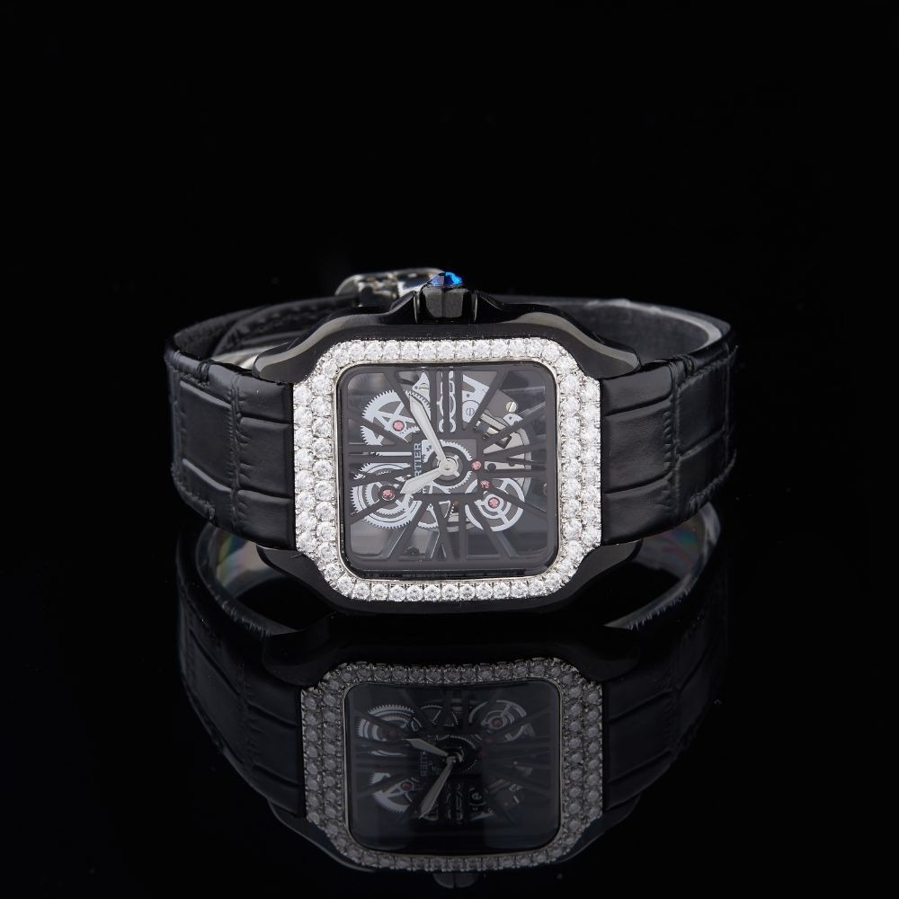 Black Skeleton Dial Markerless Round-Cut Moissanite Watch