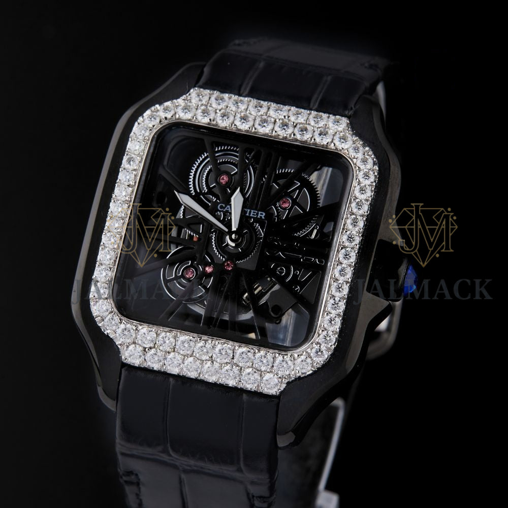 Black Skeleton Dial Markerless Round-Cut Moissanite Watch