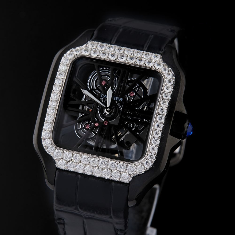 Black Skeleton Dial Markerless Round-Cut Moissanite Watch