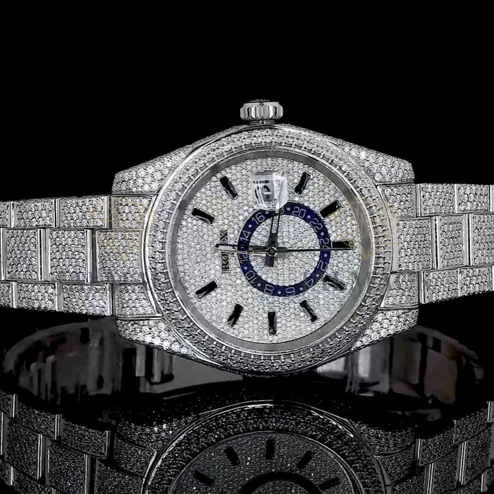 Silver Dial Baton Marker Round-Cut Moissanite GMT Watch