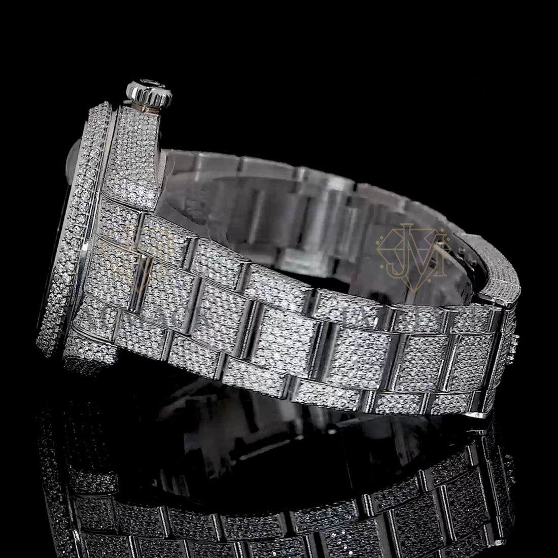 Silver Dial Baton Marker Round-Cut Moissanite GMT Watch