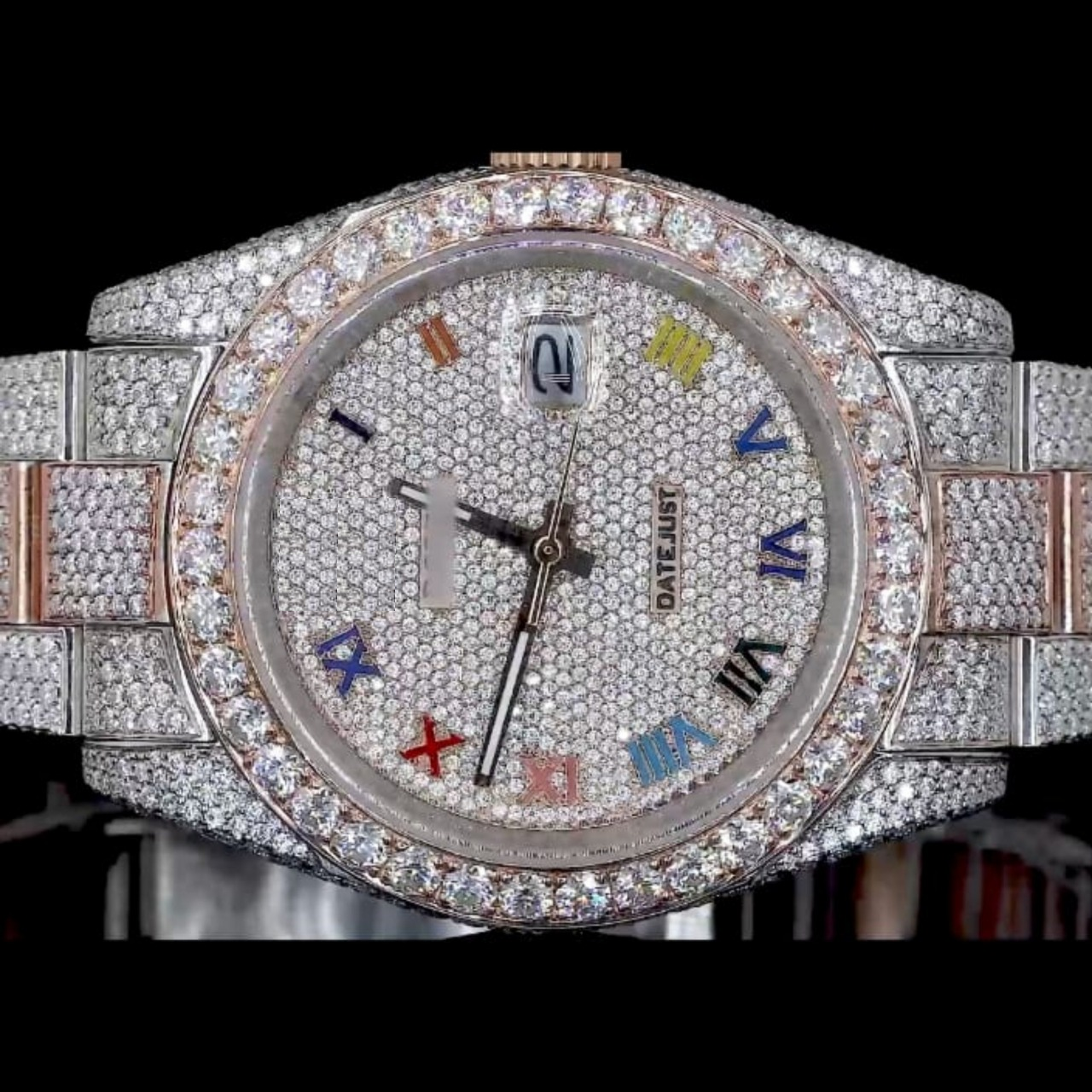Silver Dial Multicolor Roman Letter Round-Cut Moissanite Watch