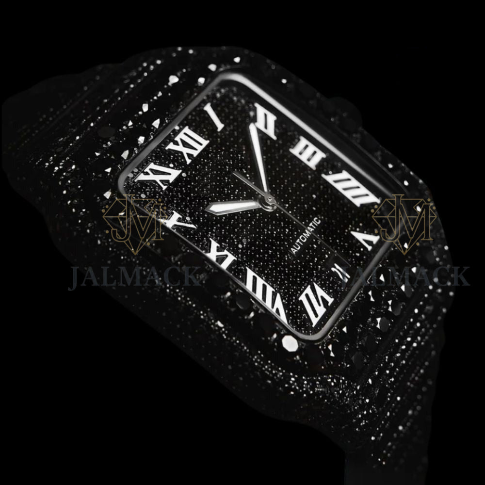 Black Dial White Roman Letter Round-Cut Moissanite Watch