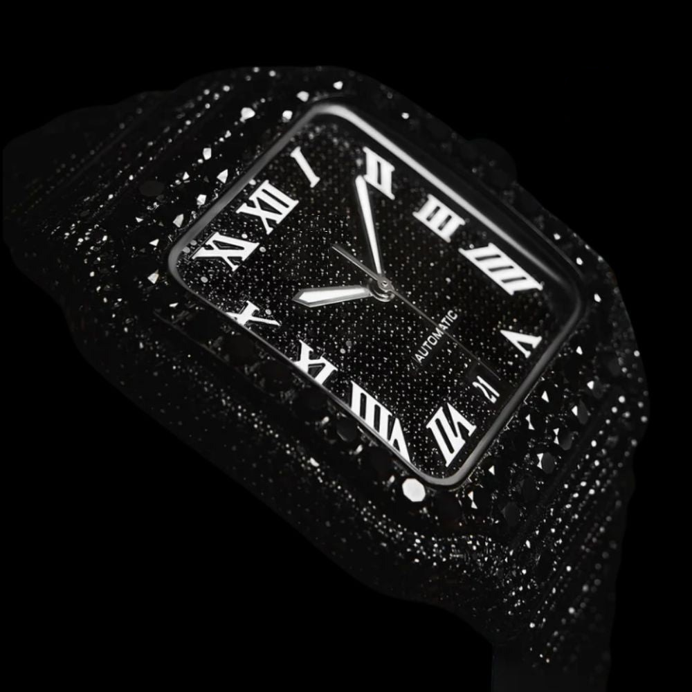 Black Dial White Roman Letter Round-Cut Moissanite Watch