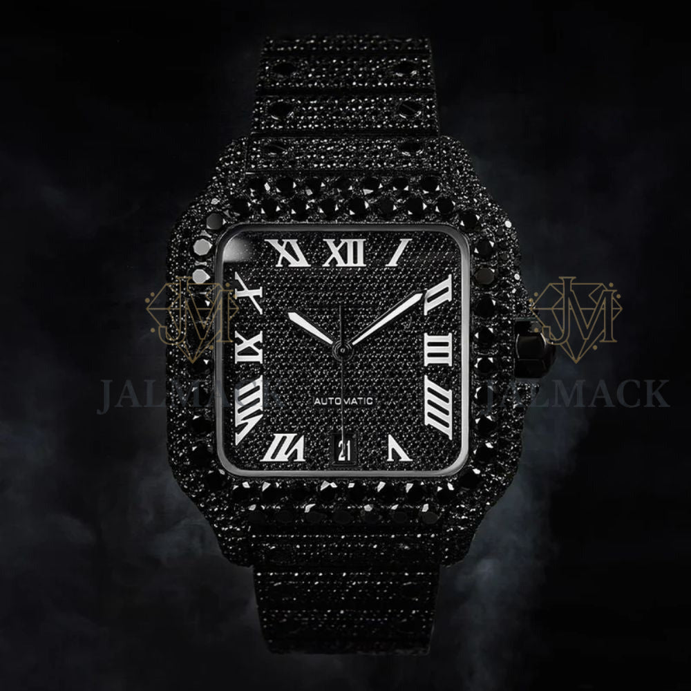 Black Dial White Roman Letter Round-Cut Moissanite Watch