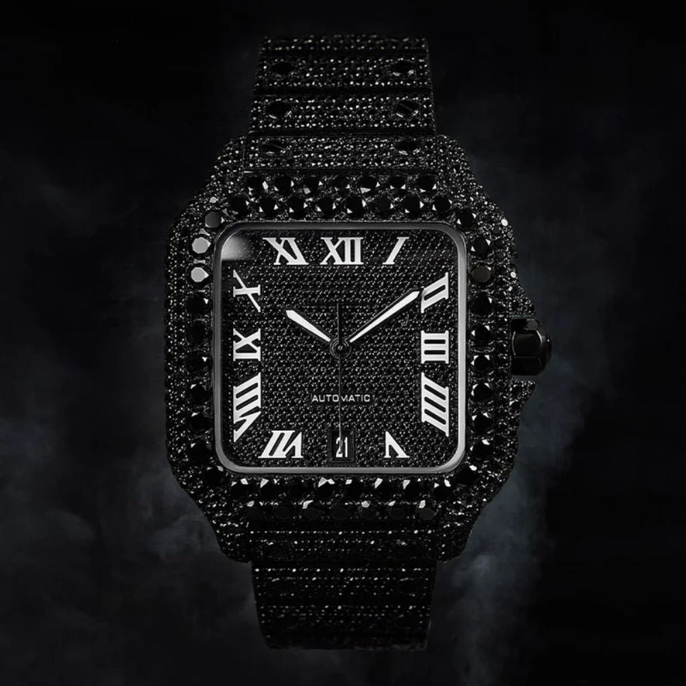 Black Dial White Roman Letter Round-Cut Moissanite Watch