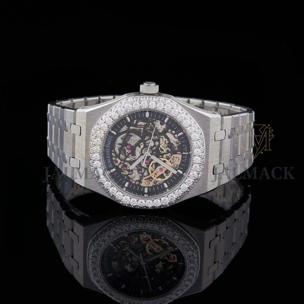 Black Skeleton Dial Baton-Marker Round-Cut Moissanite Watch