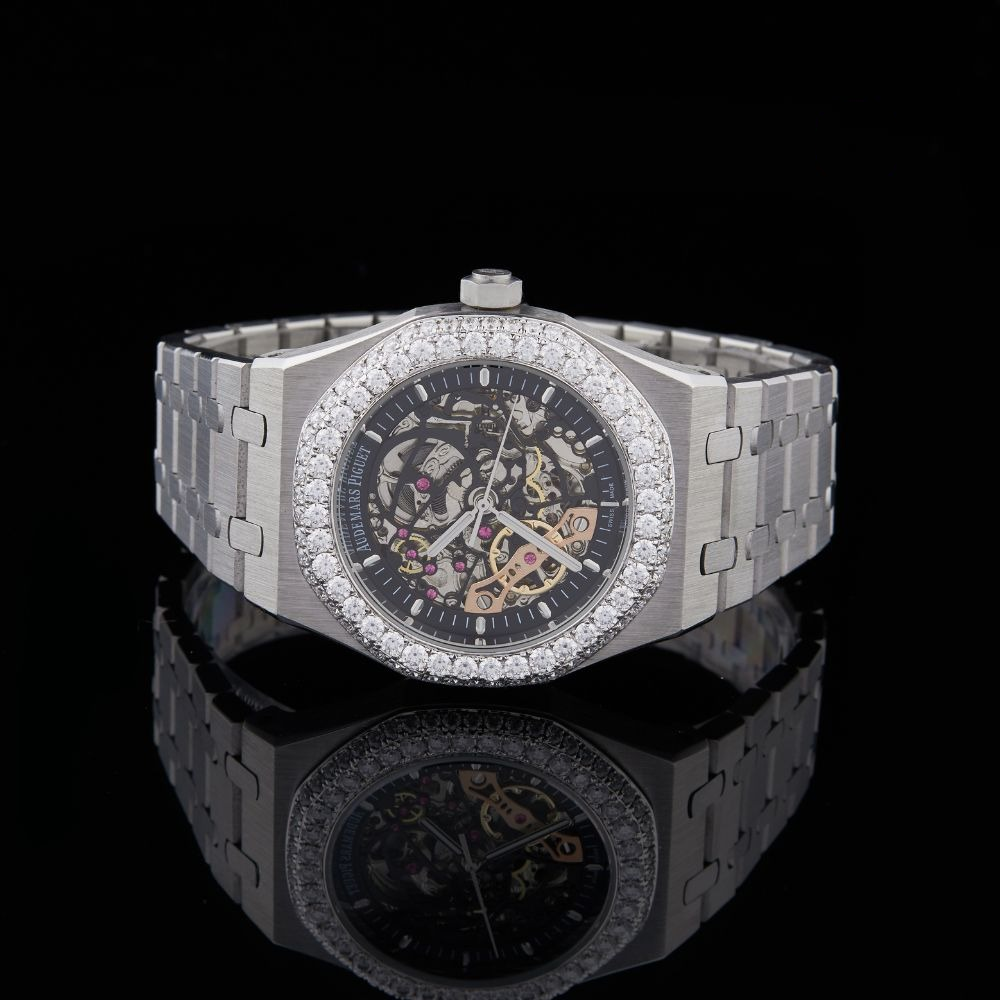 Black Skeleton Dial Baton-Marker Round-Cut Moissanite Watch
