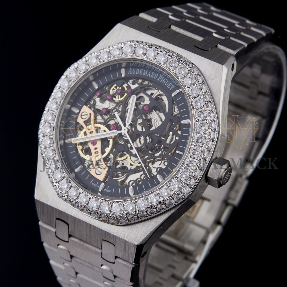Black Skeleton Dial Baton-Marker Round-Cut Moissanite Watch